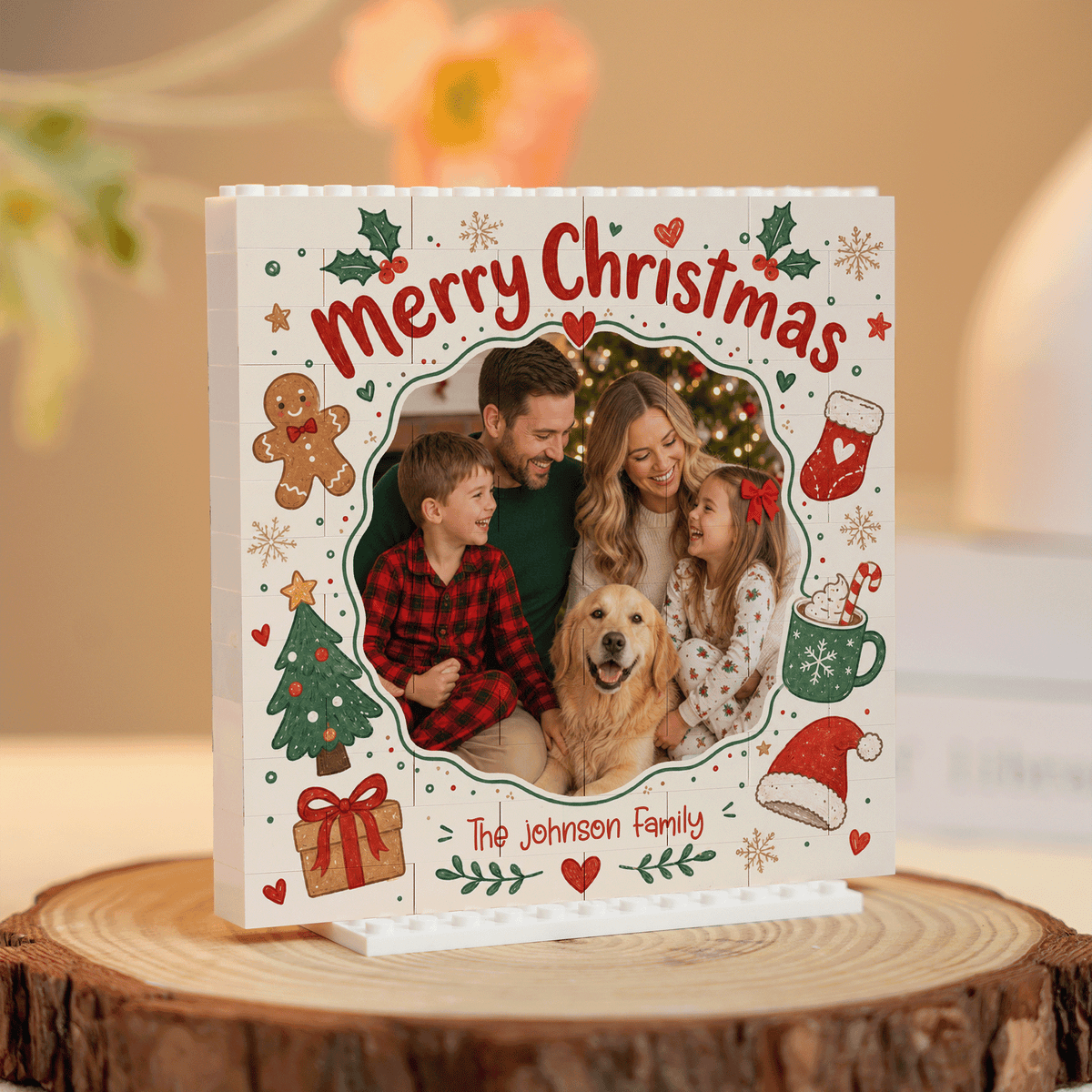 Personalized Photo Christmas Building Block in Warm Off-White, Custom Family Picture Vintage Gingerbread & Stocking Brick Puzzle Keepsake Decor, Festive Holiday Desk Gift