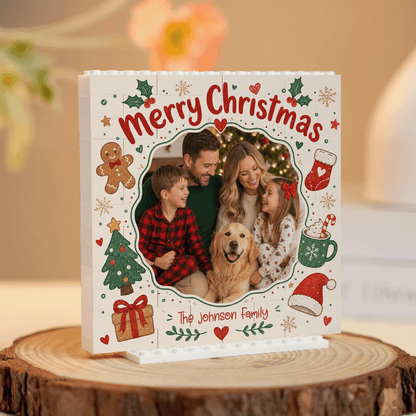 Personalized Photo Christmas Building Block in Warm Off-White, Custom Family Picture Vintage Gingerbread & Stocking Brick Puzzle Keepsake Decor, Festive Holiday Desk Gift