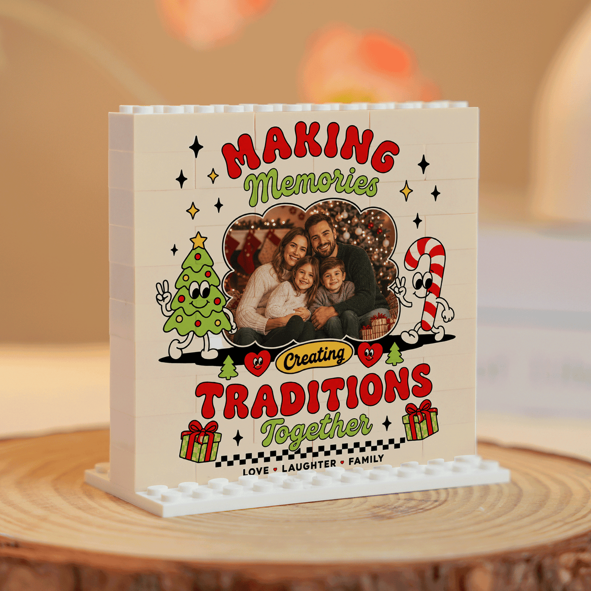 Personalized Photo Christmas Building Block in Cream White, Custom Family Picture "Making Memories" Retro Cartoon Brick Puzzle Keepsake Decor, Festive Holiday Desk Gift