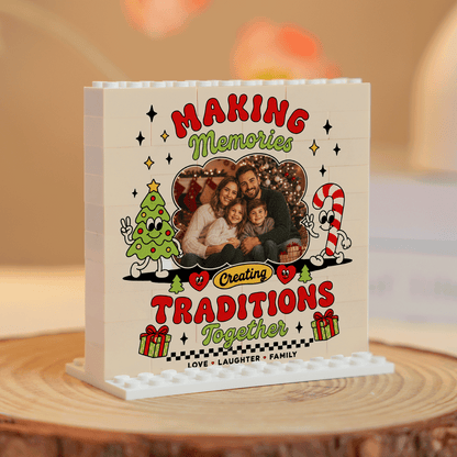 Personalized Photo Christmas Building Block in Cream White, Custom Family Picture "Making Memories" Retro Cartoon Brick Puzzle Keepsake Decor, Festive Holiday Desk Gift