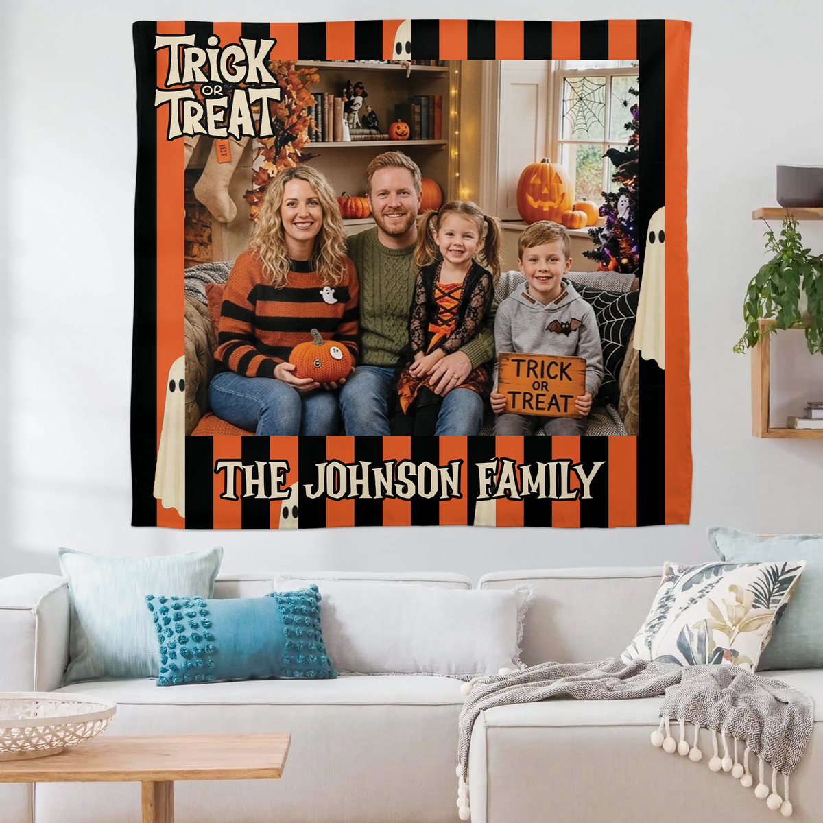 Personalized Halloween Orange Black Striped Photo Tapestry, Custom Family Photo Name Wall Hanging Decor, Trick or Treat Cute Ghost Party Backdrop
