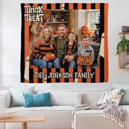 Personalized Halloween Orange Black Striped Photo Tapestry, Custom Family Photo Name Wall Hanging Decor, Trick or Treat Cute Ghost Party Backdrop