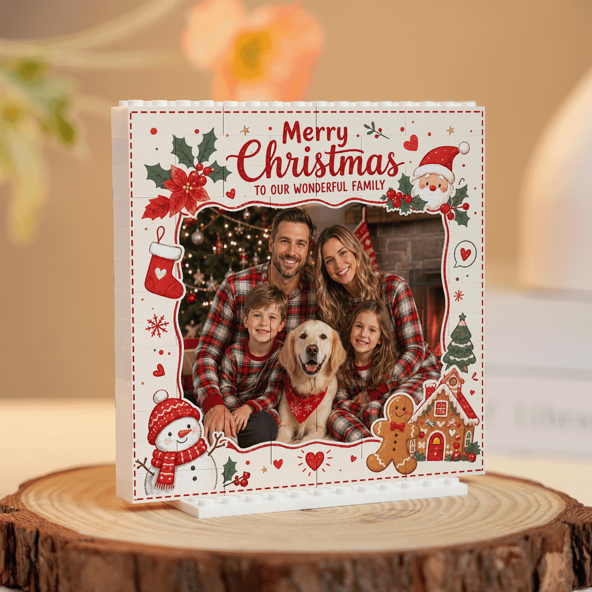 Personalized Photo Christmas Building Block in Off-White & Red, Custom Family Picture Vintage Santa Gingerbread Brick Puzzle Keepsake Decor, Festive Holiday Desk Gift