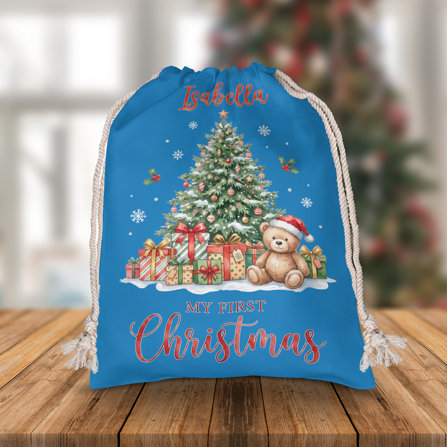 Personalized Blue Christmas Tree Christmas Sack with Custom Name