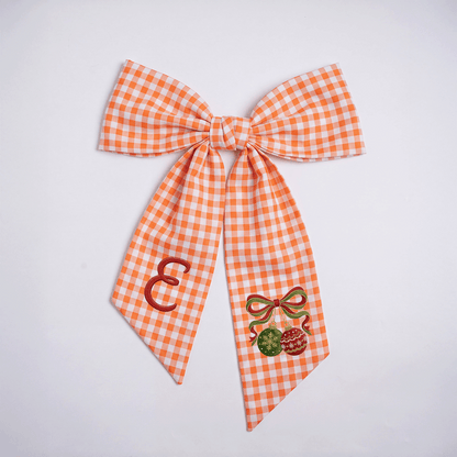 Custom Monogram Christmas Ornaments Embroidered Linen Door Wreath Sash, Personalized Initial Red Green Baubles Ribbon Holiday Wreath Sash & Front Door Decor