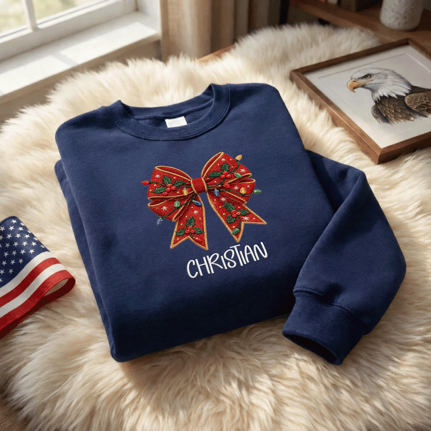 Personalized Embroidered Christmas Bow Sweatshirt with Custom Name