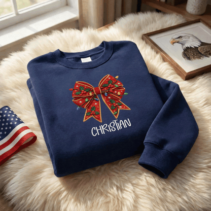 Personalized Embroidered Christmas Bow Sweatshirt with Custom Name