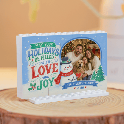 Personalized Photo Christmas Building Block in Sky Blue, Custom Family Name & Year Snowman "Love & Joy" Brick Puzzle Keepsake Decor, Festive Holiday Desk Gift
