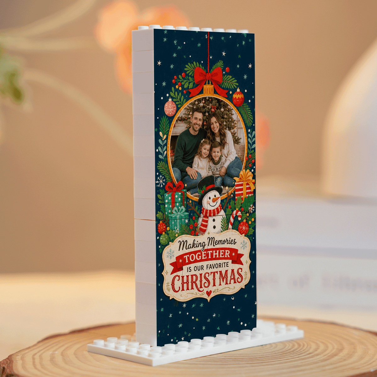 Personalized Photo Christmas Building Block in Deep Teal, Custom Family Picture Christmas Bauble & Snowman Brick Puzzle Keepsake Decor, Festive Holiday Desk Gift