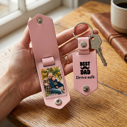 Personalized Leather Photo Keychain for Dad – Best Dad Drive Safe Father’s Day Gift