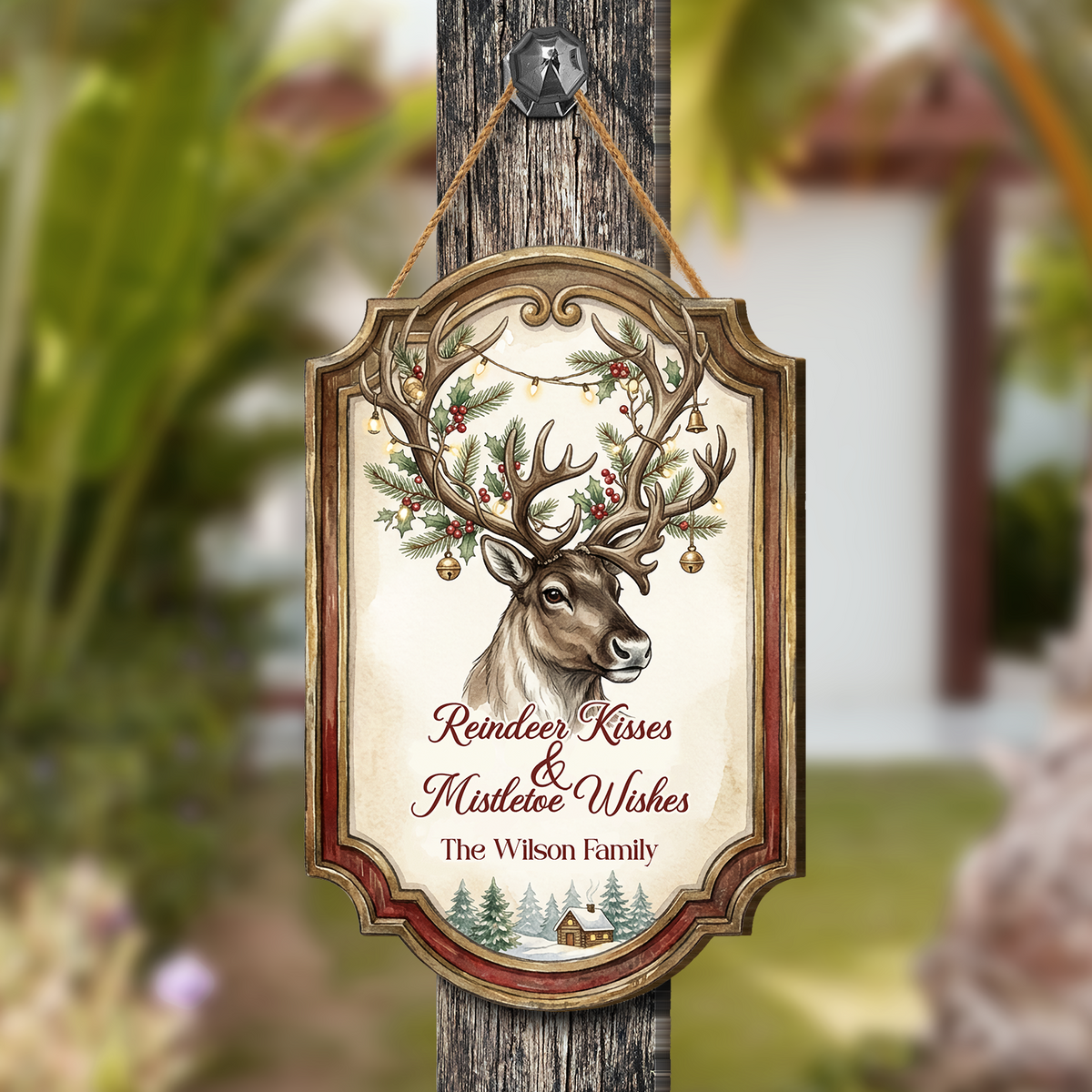 Personalized Reindeer Custom Shape Wood Sign, Custom Family Name Reindeer Kisses Mistletoe Wishes Wooden Hanging Plaque, Festive Christmas Door & Wall Decor Family Gift
