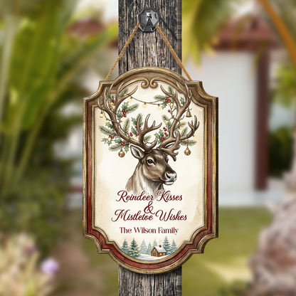 Personalized Reindeer Custom Shape Wood Sign, Custom Family Name Reindeer Kisses Mistletoe Wishes Wooden Hanging Plaque, Festive Christmas Door & Wall Decor Family Gift