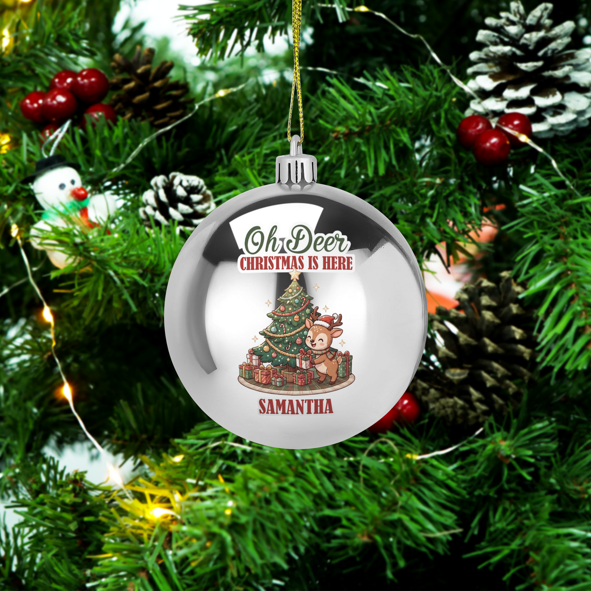 Personalized Name Oh Deer Christmas Is Here Silver Ball Ornament, Custom Full Color Reindeer Shatterproof Plastic Bauble