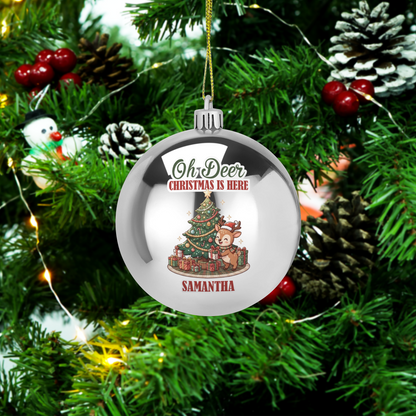 Personalized Name Oh Deer Christmas Is Here Silver Ball Ornament, Custom Full Color Reindeer Shatterproof Plastic Bauble