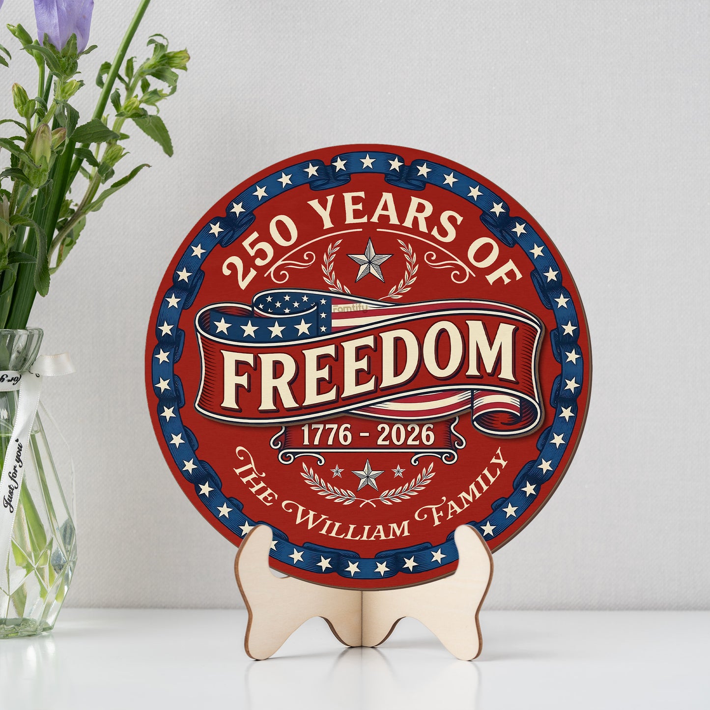 250 Years of Freedom Personalized 2-Layer Wood Sign – Custom Family Name Patriotic Door Sign