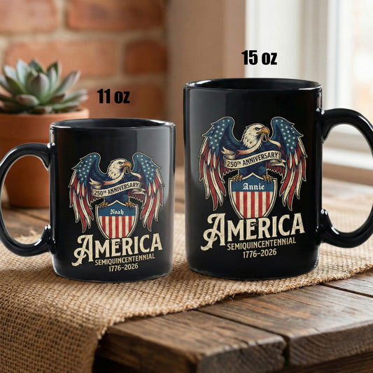 America 250th Anniversary Eagle Personalized Black Mug - USA Semiquincentennial 1776-2026 Patriotic Mug
