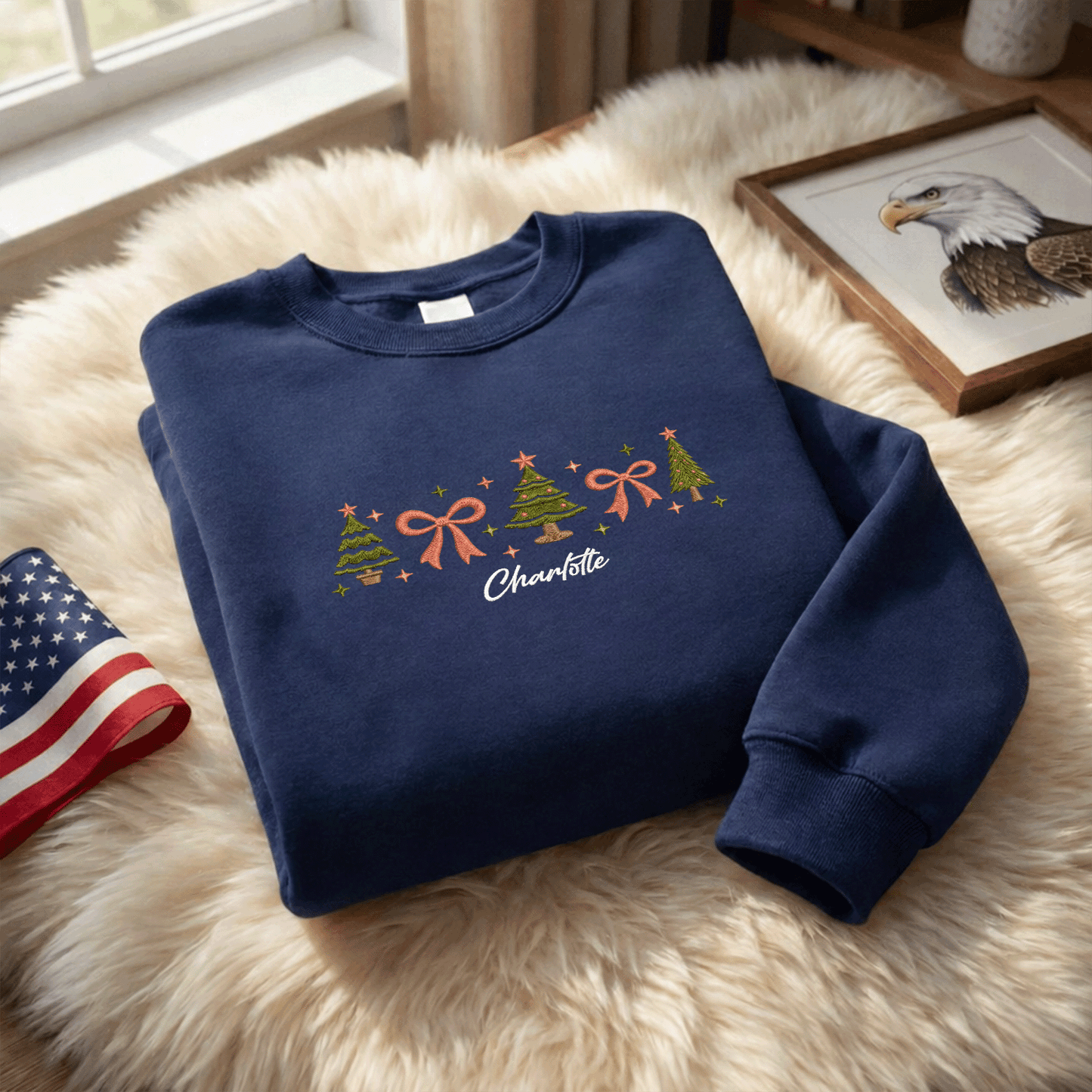 Personalized Embroidered Christmas Trees & Bows Sweatshirt with Custom Name