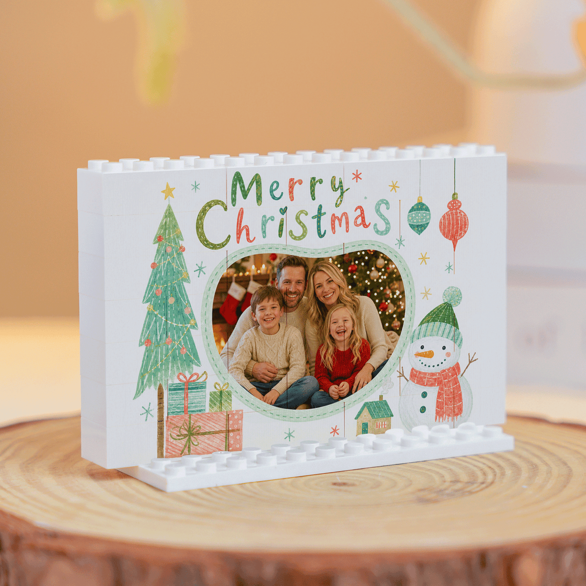 Personalized Photo Christmas Building Block in White Shiplap, Custom Family Picture Hand-Drawn Tree & Snowman "Merry Christmas" Brick Puzzle Keepsake Decor, Festive Holiday Desk Gift