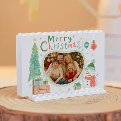 Personalized Photo Christmas Building Block in White Shiplap, Custom Family Picture Hand-Drawn Tree & Snowman "Merry Christmas" Brick Puzzle Keepsake Decor, Festive Holiday Desk Gift