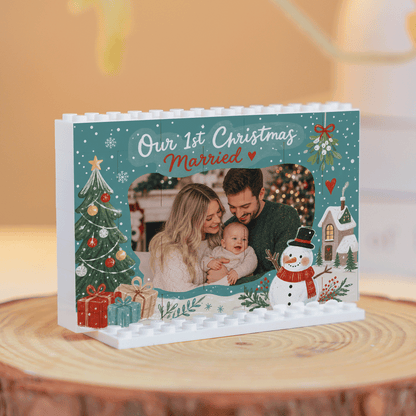 Personalized Photo Christmas Building Block in Deep Teal, Custom Couple Picture "Our 1st Christmas Married" Brick Puzzle Keepsake Decor, Festive Holiday Desk Gift