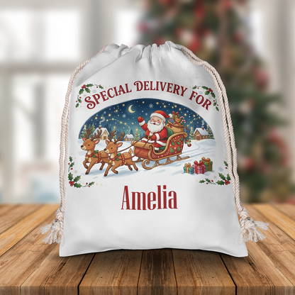 Personalized Special Delivery for Christmas Sack, Custom Name Santa Gift Bag