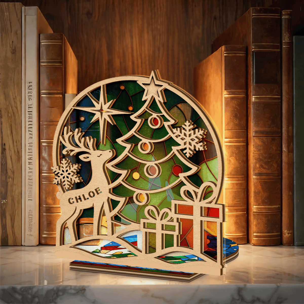 Personalized Christmas Reindeer & Tree Suncatcher Candle Holder, view 2