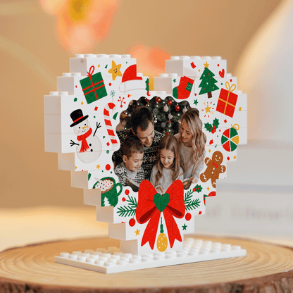 Personalized Photo Heart Building Block in White & Red Bow, Custom Family Picture Snowman & Gingerbread Xmas Brick Puzzle Keepsake Decor, Festive Christmas Desk Gift