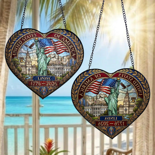 Personalized USA 250th Anniversary Heart Stained Glass Suncatcher Statue of Liberty Window Decor