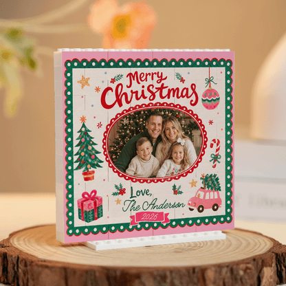 Personalized Photo Christmas Building Block in Pink Polka Dot Frame, Custom Family Name & Year Vintage Car Brick Puzzle Keepsake Decor, Festive Holiday Desk Gift