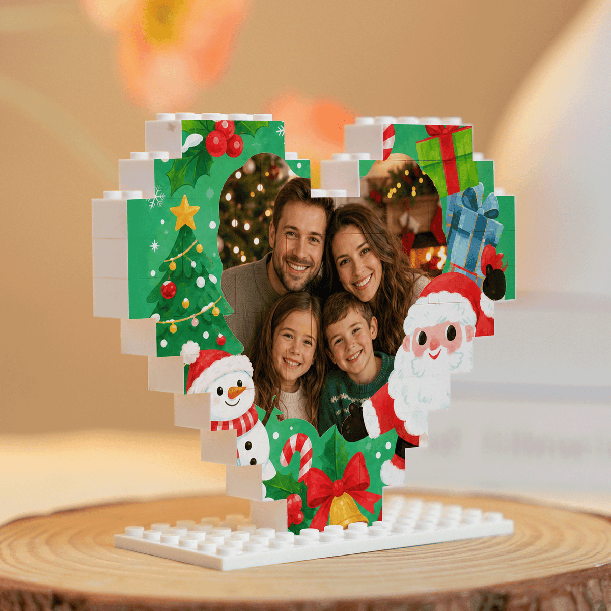 Personalized Photo Heart Building Block in Emerald Green & Red, Custom Family Picture Santa & Snowman Xmas Brick Puzzle Keepsake Decor, Festive Christmas Desk Gift