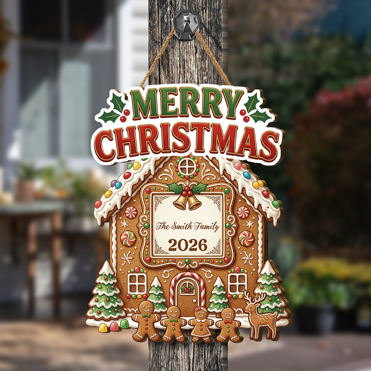 Personalized Gingerbread House Merry Christmas Custom Shape Wood Sign, Custom Family Name Year Gingerbread Family Reindeer Wooden Hanging Plaque, Festive Holiday Door & Wall Decor Family Gift