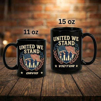 United We Stand Patriotic Veteran Black Mug – Personalized USA Military Tribute Mug
