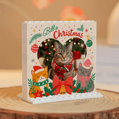 Personalized Photo Christmas Building Block in Cream White, Custom Cat Photo Heart Frame Bill's Christmas Cute Kittens Brick Puzzle Keepsake Decor, Holiday Gift for Cat Lovers