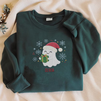 Personalized Cute Christmas Ghost Embroidered Sweatshirt | Custom Name Holiday Crewneck Gift