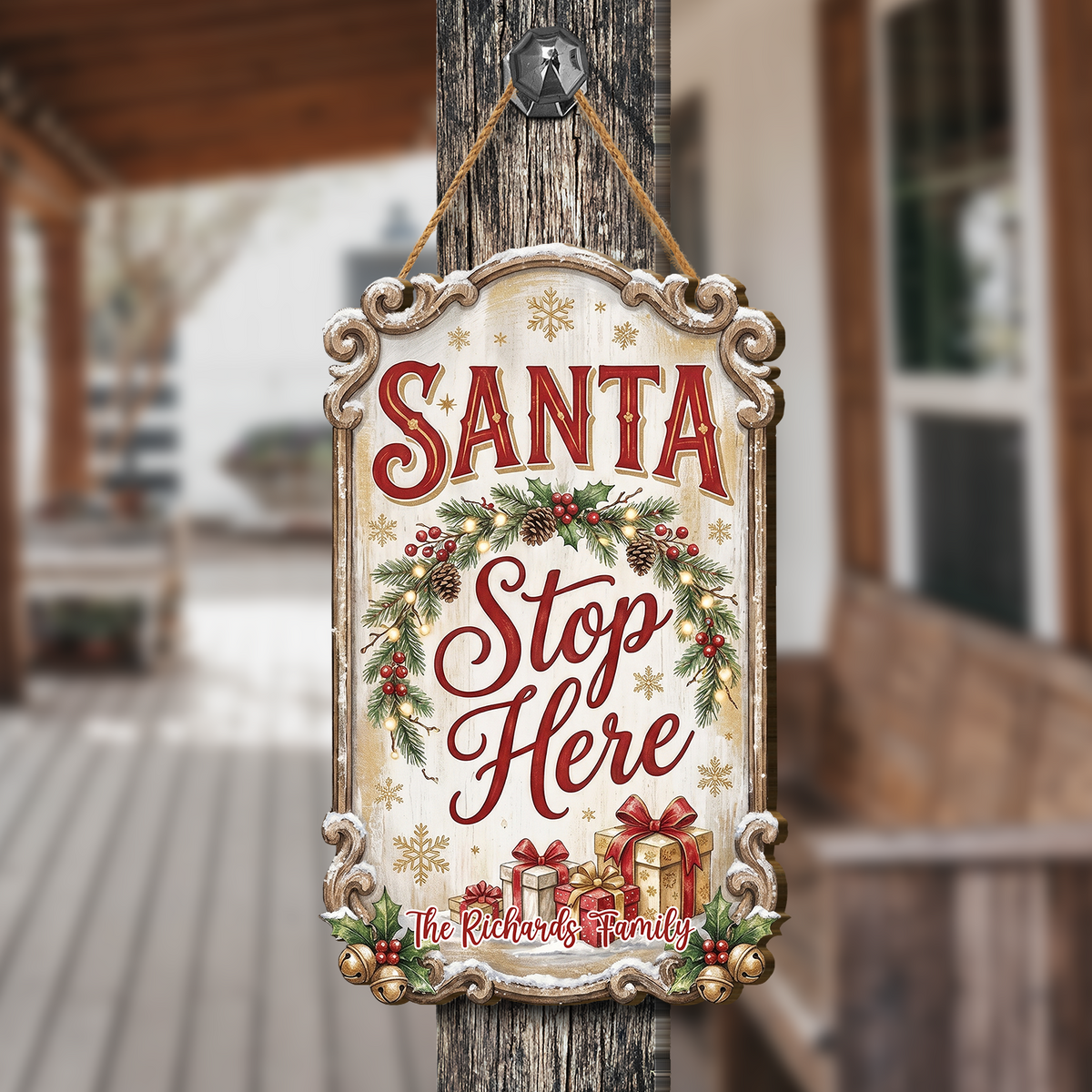 Personalized Vintage Scroll Santa Stop Here Custom Shape Wood Sign, Custom Family Name Christmas Pine Wreath Wooden Hanging Plaque, Festive Holiday Door & Wall Decor Family Gift