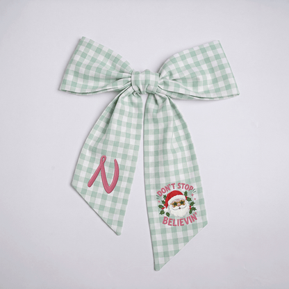 Custom Monogram Don't Stop Believin' Santa Embroidered Linen Door Wreath Sash, Personalized Initial Star Sunglasses Santa Quote Holiday Wreath Sash & Front Door Decor