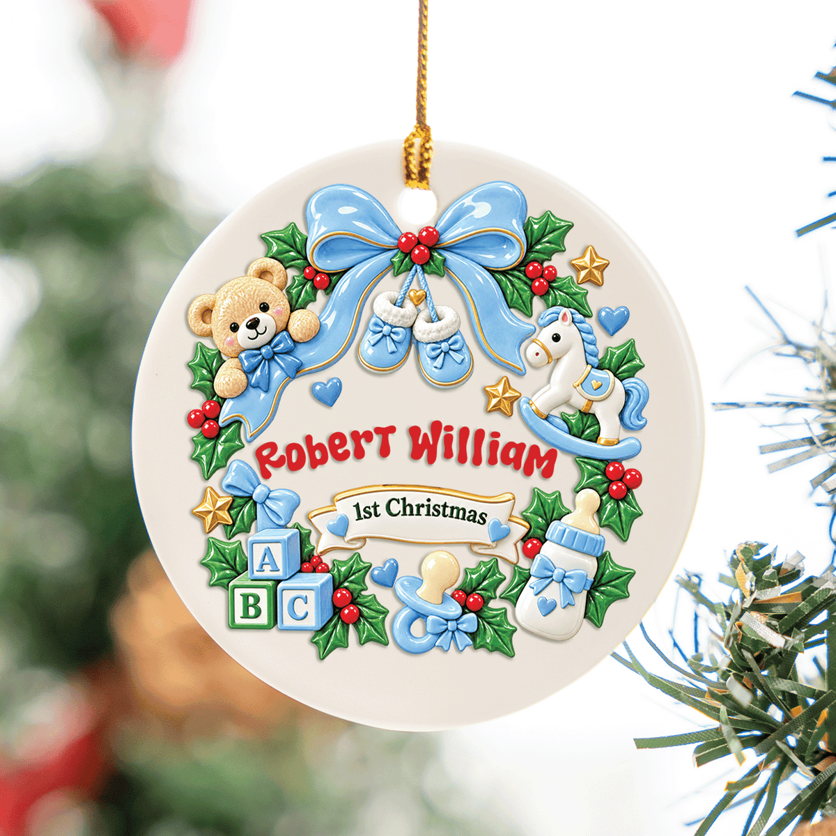 Personalized Baby's 1st Christmas ceramic ornament with custom name, blue version