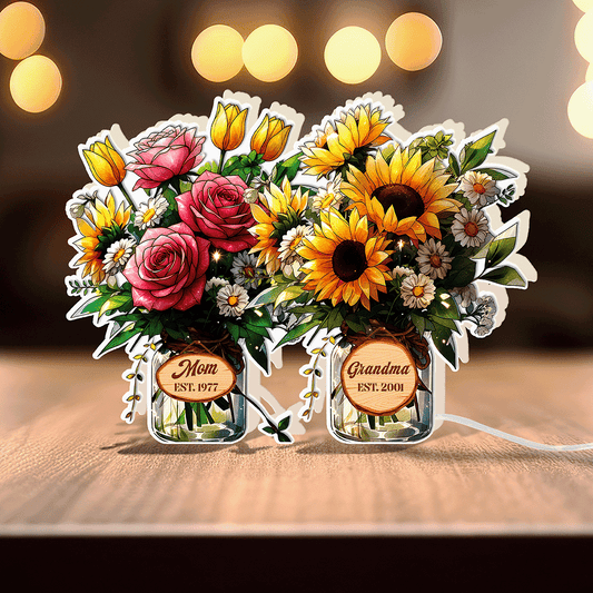 Personalized Mom and Child Flower Vase Night Light Box – Custom Acrylic LED Sign – Mother’s Day Gift