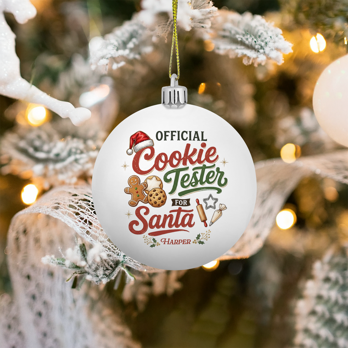 Personalized Name Official Cookie Tester For Santa White Christmas Ball Ornament, Custom Shatterproof Plastic Holiday Bauble