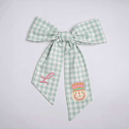 Custom Letter Christmas Nutcracker Embroidered Linen Wreath Sash, Personalized Monogram Holiday Bow Sash for Door Decor