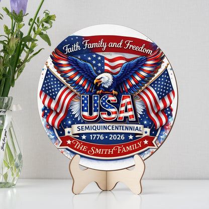 Faith Family and Freedom USA 250th Anniversary Personalized 2-Layer Wood Sign – Custom Family Name Patriotic Door Sign