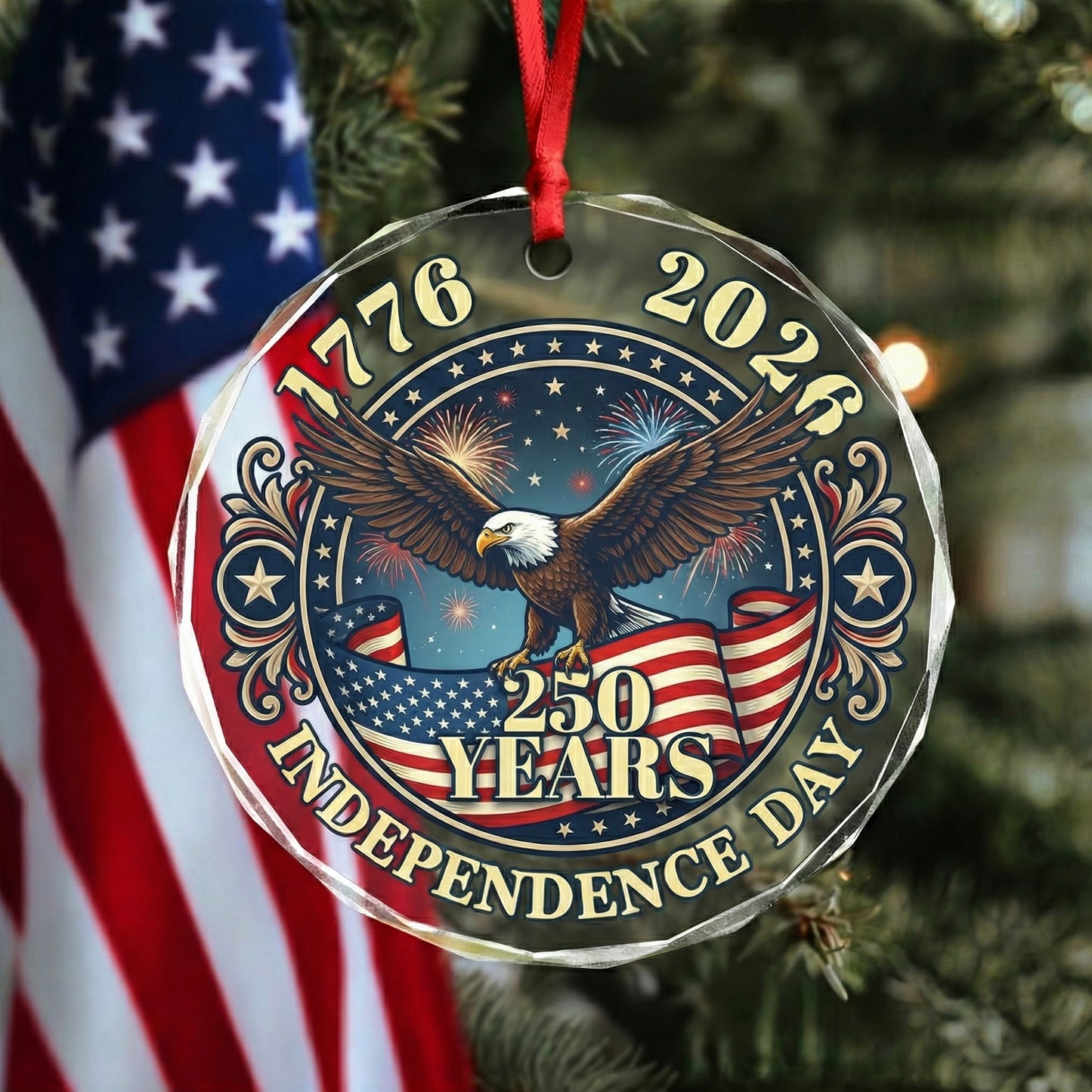 250th Independence Day Glass Ornament – Patriotic USA 1776–2026 Keepsake