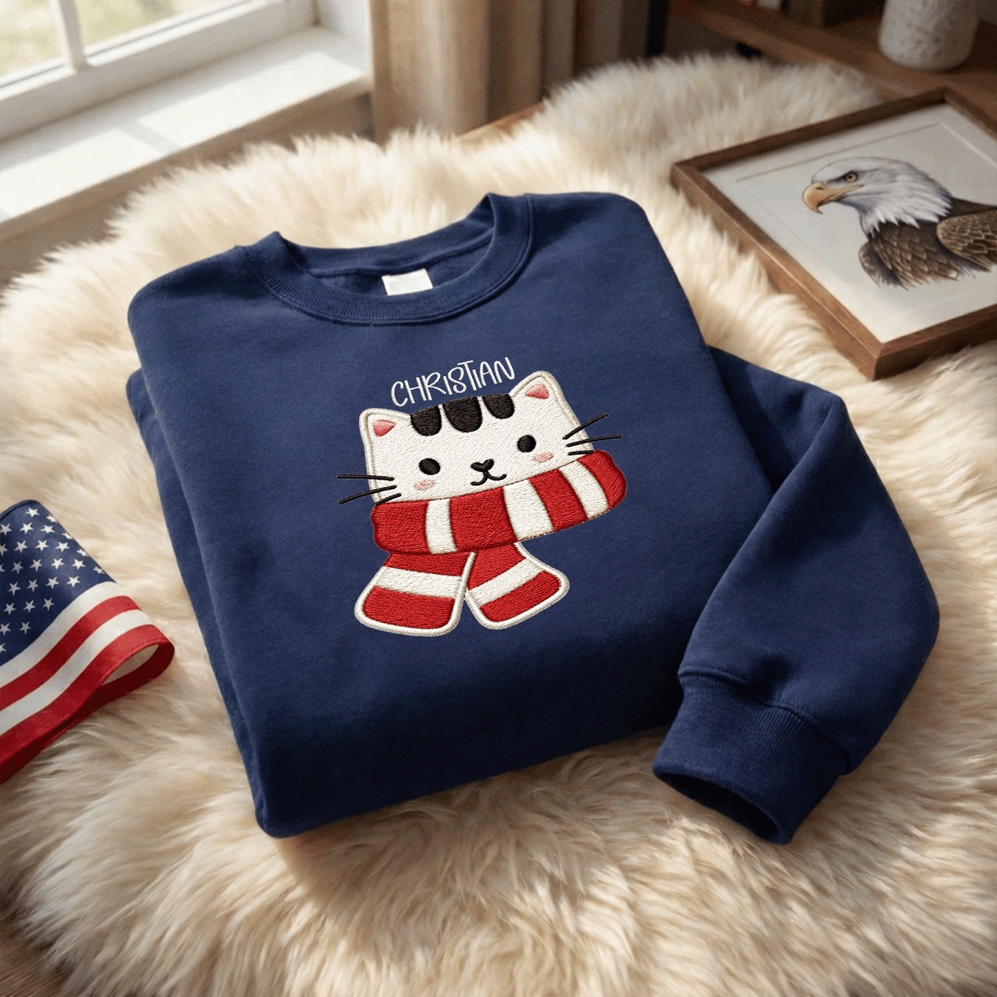 Personalized Embroidered Christmas Scarf Cat Sweatshirt with Custom Name