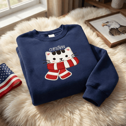 Personalized Embroidered Christmas Scarf Cat Sweatshirt with Custom Name