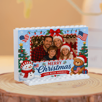 Personalized Photo Horizontal Christmas Building Block in Sky Blue & Red, Custom Family Picture Patriotic God Bless America Snowman Brick Puzzle Keepsake Decor, Festive Holiday Desk Gift