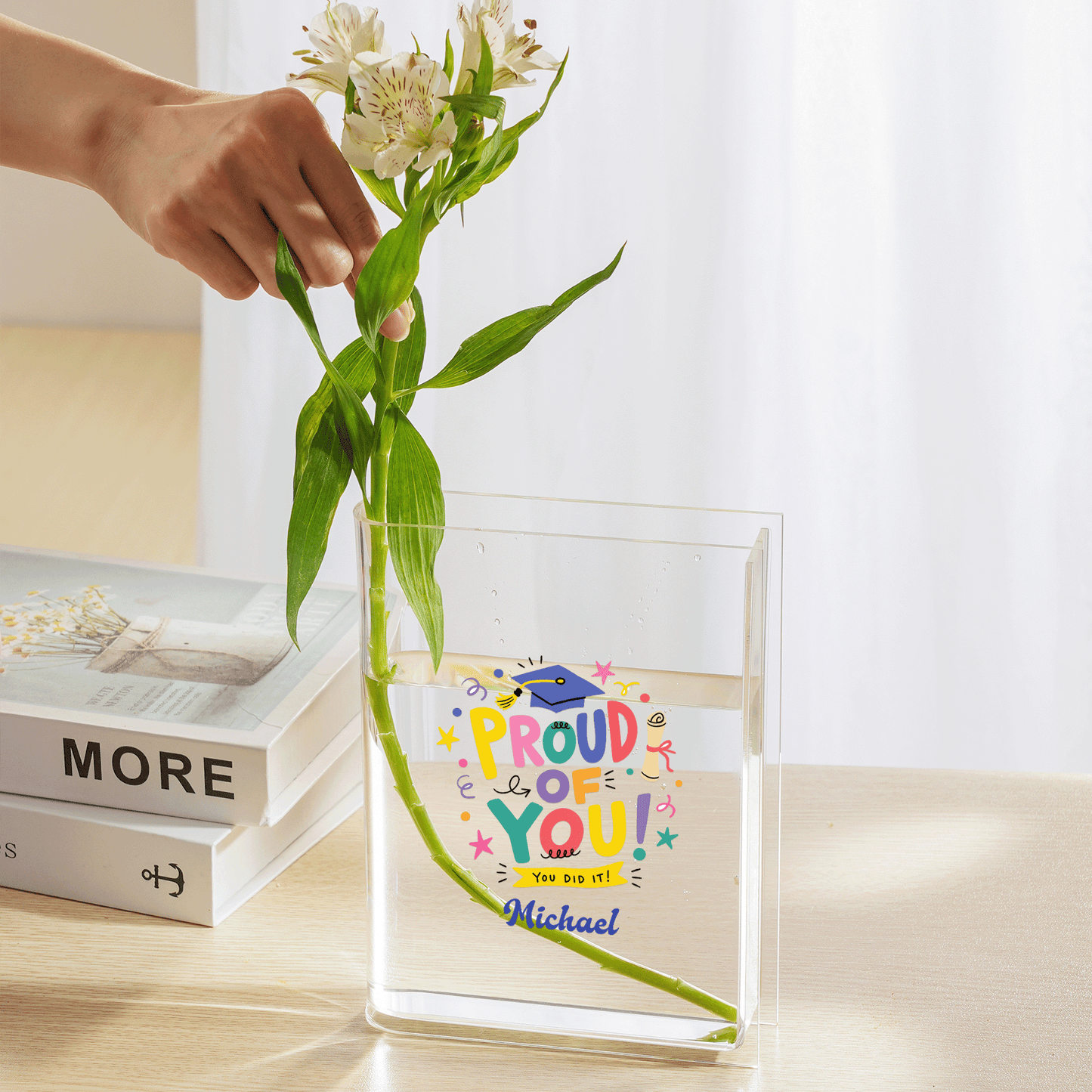 Personalized Proud of You Acrylic Book Vase, Custom Name Graduation Flower Vase