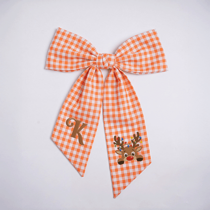 Custom Letter Reindeer Christmas Lights Embroidered Linen Wreath Sash, Personalized Monogram Holiday Bow Sash for Door Decor