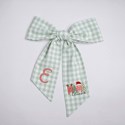 Custom Monogram Mama Claus Embroidered Linen Door Wreath Sash, Personalized Initial Santa Hat Reindeer Festive Typography Holiday Wreath Sash & Front Door Decor