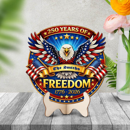 Personalized Freedom 250 Years Wood Sign – Custom Family Name America 1776-2026 Patriotic Door Sign