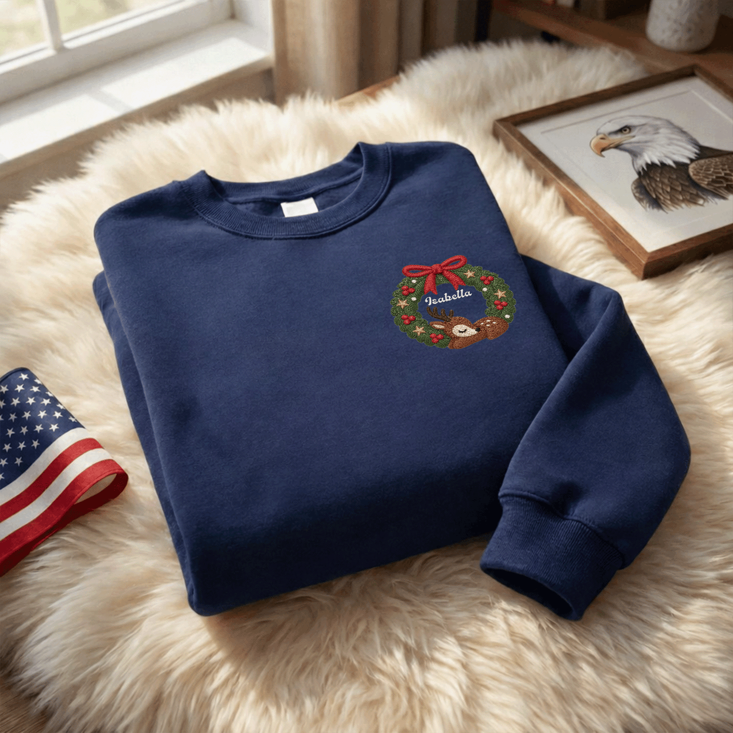 Personalized Deer Christmas Wreath Embroidered Sweatshirt, Custom Name Christmas Crewneck Gift